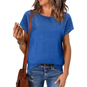 Lannew Womens Short Sleeve Sweaters Casual Crewneck Crochet Knit Summer Loose Trendy Pullover Tops