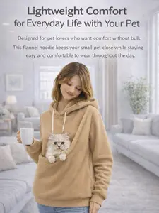 Women's Solid Color Hooded Sweatshirt - Loose Pullover with Plush Pet Pouch, Cute Furry Pet Carrier Pocket Oversized Casual Hoodie