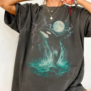 Orca Midnight Vintage Style Graphic Shirt, Retro Ocean Comfort Colors Orca Shirt, Moonlight Ocean Lightning Tee,90s Marine Life Graphic Top