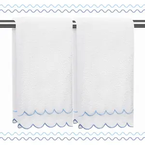 100% Cotton 2 Pcs Scalloped Hand Towels 16*27 Inch Embroidered Decorative 600 GSM Soft Absorbent Bath Towel for Bathroom Spa Yoga Hotel Sport Blue