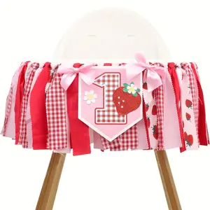 1 Year Old Birthday Party Decoration, Strawberry High Chair Banner, Fabric Rectangle Sign, Girls' Birthday Party Decorations