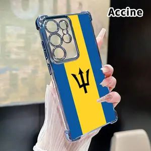 Barbados' trident flag Pattern Phone Case Compatible with Samsung Galaxy S23 Ultra S24 Plus S25 S22+ FE Edge Electroplated Four-Corner Anti-Fall Protection Cellphone Cover