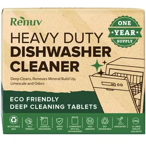 Renuv Heavy Duty Dishwasher Cleaner & Deodorizer Tablets, 12 Unscented Effervescent Foaming Formula, Eco Friendly, One Year Supply, Removes Odor, Calcium, Limescale