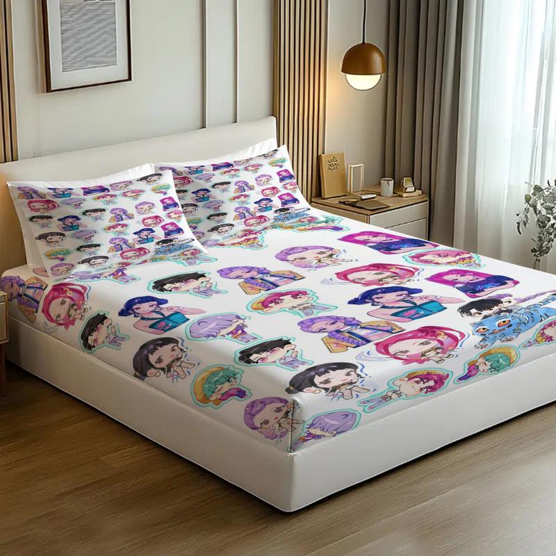 K-Pop Demon Hunters Fitted Sheet Set, Decorative Bedsheet Sets, 1 Fitted Sheet and 2 Pillowcases Without Inner Core, Fashionable Girl Group and Star Magic Element Bedding, Soft Breathable Fabric, Ideal for Bedroom and Dormitory Use #TOP PICKS