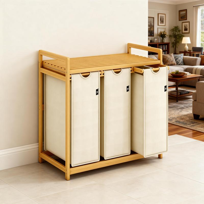 Bamboo Shelf With Laundry Hamper, Single-layer With 3 Section, Laundry Sorter with Removable Cotton Bags -Three Compartment Organizer for Clothes - Durable, Eco-Friendly, and Stylish Storage,Home Storage Solution.