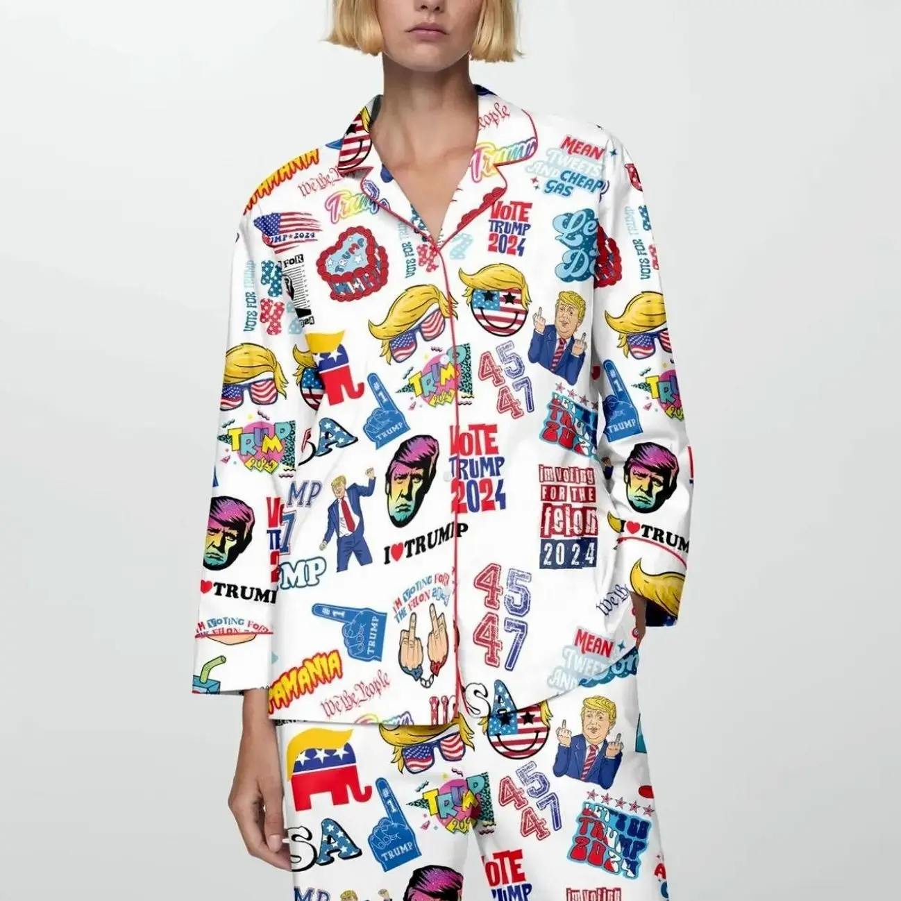 Donal Trumm.p Print Satin Pajama Set, President Moment Two-Piece Set, Loungewear Pjs Set, Sleepwear Fall, Nightwear, Timeless