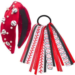Baseball Headband and Hair Ties for Women, Pearl Knotted Bead Wide Hairband Softball Ribbon Ponytail Holder Streamer Hairtie Elastic Band Bow Game Day Hair Accessories for Sports Player Fan Gift