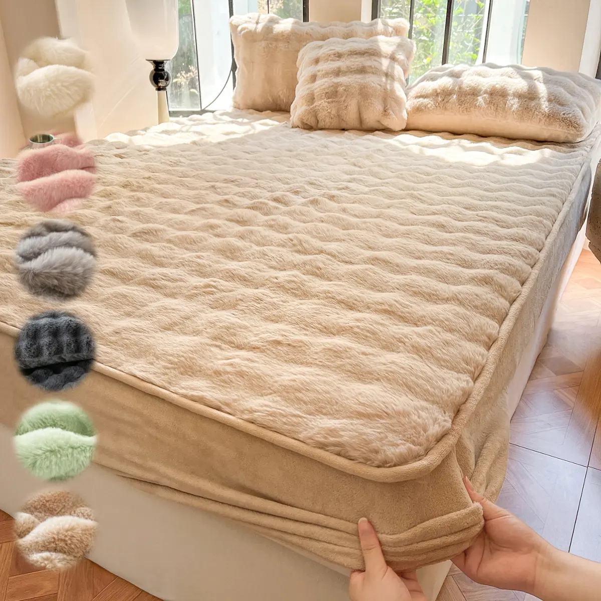 Luxury Faux Rabbit Fur Bedding Set – Soft & Warm Fitted Bed Sheets with Pillowcase, Solid Color 1-Piece Bed Set, All-Season Use, Ideal for Bedroom, Dorm, Sofa, Guest Room, Soft Comfy Bedding, Perfect Christmas Holiday Gift