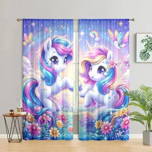 Cartoon Unicorn Pattern Curtain, 2 Counts/set Cute Unicorn Pattern Curtain, Home Decor for Bedroom, Living Room, Kitchen, Bathroom, Study