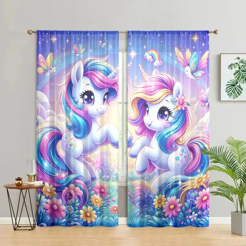 Cartoon Unicorn Pattern Curtain, 2 Counts/set Cute Unicorn Pattern Curtain, Home Decor for Bedroom, Living Room, Kitchen, Bathroom, Study, Curtain Panels