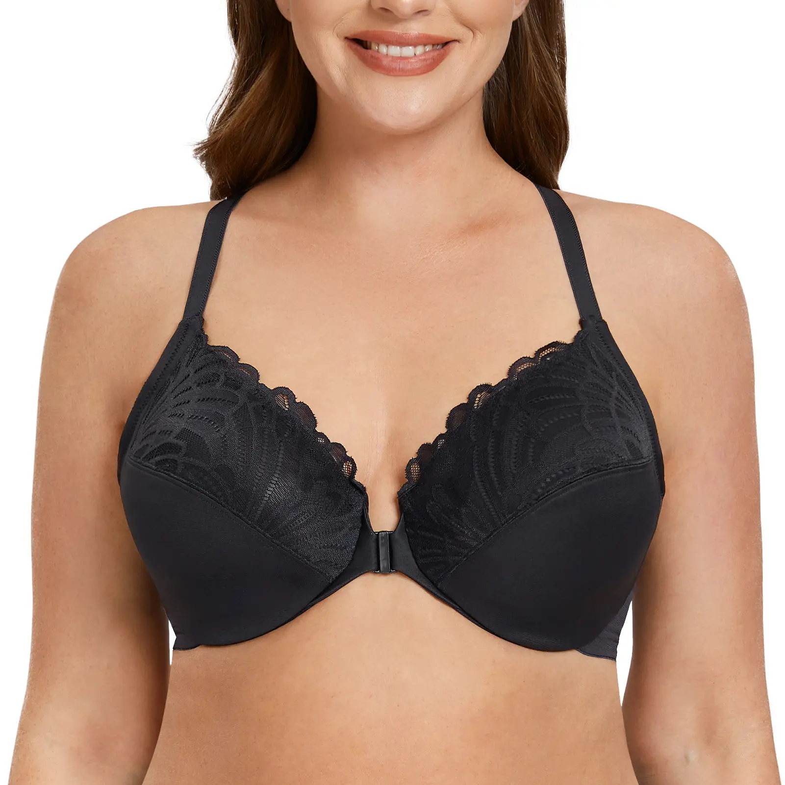 MELENECA Lady Women's Plus Size Underwire Bra - Front Closure, Racerback Straps, Full Coverage, Unlined, Adjustable Top, Mesh, Lace, Wings, Bottom Support