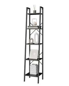Ladder Shelf, Bookshelf Bookcase, Freestanding Corner Storage Shelve with 2 Hooks for Home Office, Living Room, Kitchen, Bedroom, Industrial