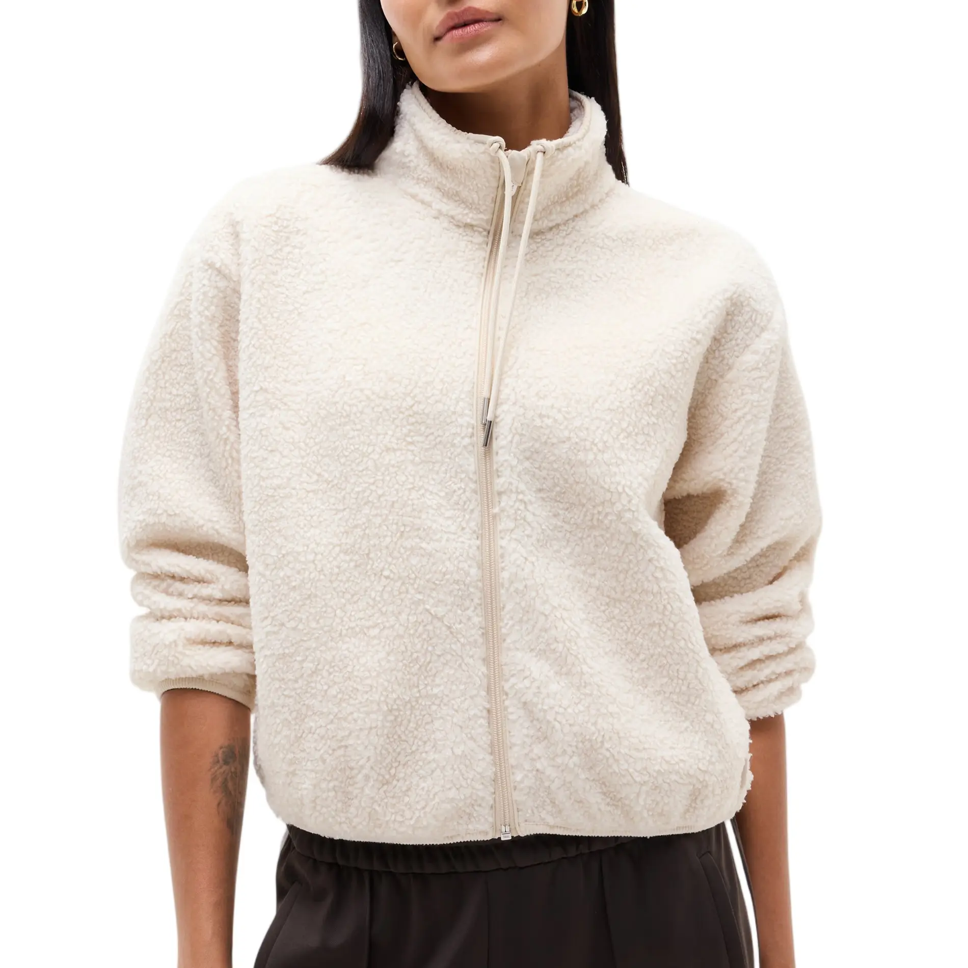 Hixiaohe Womens Sherpa Fleece Zip Up Jacket Long Sleeve Fluffy Teddy Style Warm Fall Outerwear with Drawstring Hem and Pockets