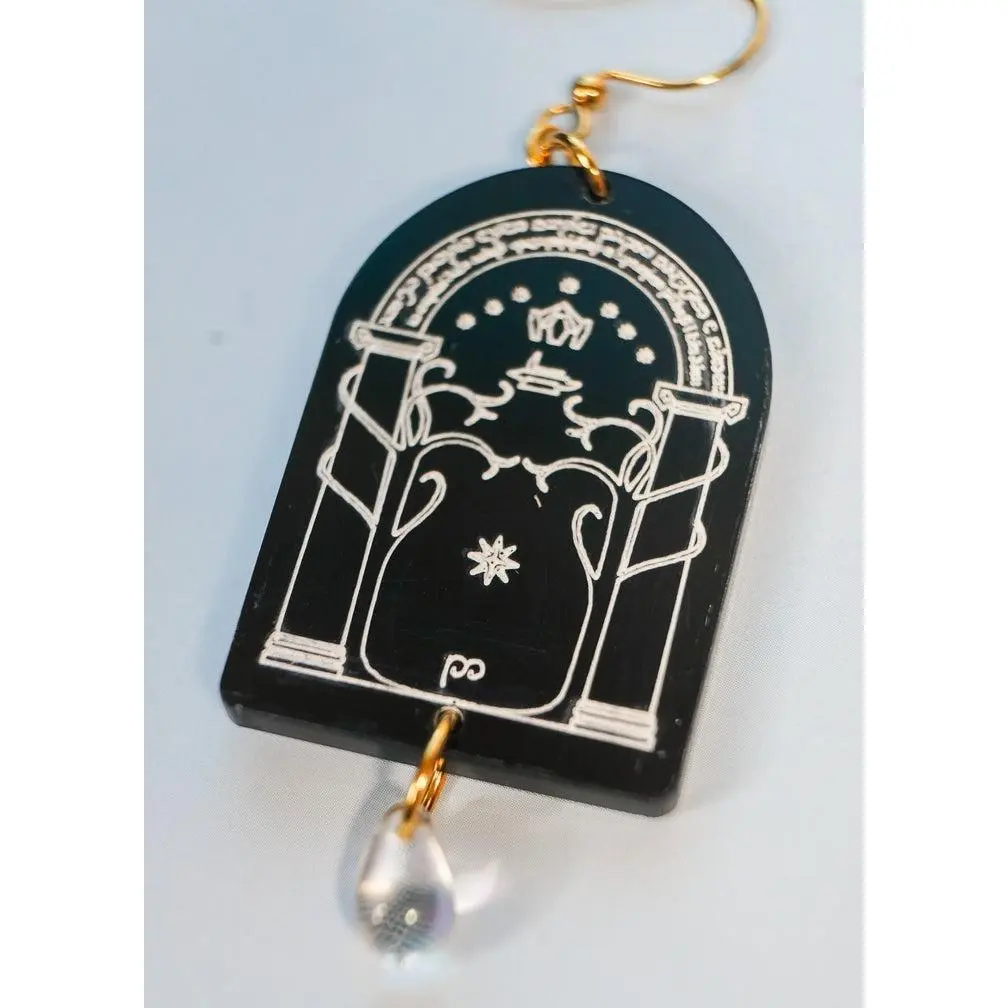 Durin's Door Earrings - Lord of the Rings- Hand Painted Acrylic with Iridescent Glass Bead - Hypoallergenic Hooks - Lightweight & Comfortable - Glow-in-the-Dark Fantasy Jewelry