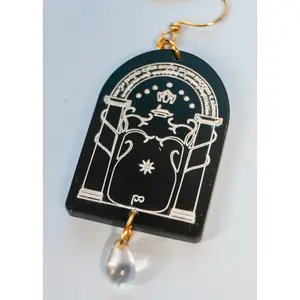 Durin's Door Earrings - Lord of the Rings- Hand Painted Acrylic with Iridescent Glass Bead - Hypoallergenic Hooks - Lightweight & Comfortable - Glow-in-the-Dark Fantasy Jewelry