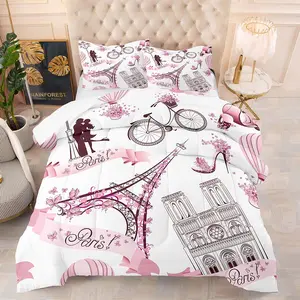 Romantic Eiffel Tower Pattern Bedding Set, 2/3 Counts/set Including 1 Comforter & 1/2 Counts Pillowcase, Soft Comfortable Bedding Set for Home Bedroom