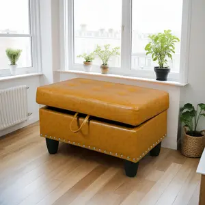 Faux Leather Storage Ottoman with High Density Memory Foam Cushions Sturdy Wood Frame 28.5x19x17.5 Inches for Living Room Den or Office Classic Look Comfortable Feel