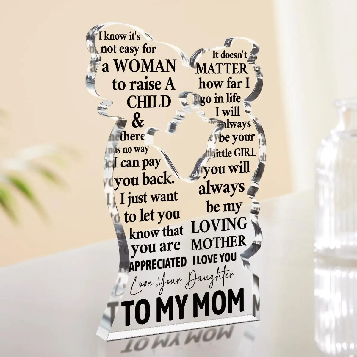 Acrylic Mother & Daughter Hug Plaque Sign, 1 Count Letter Pattern Ornament, Perfect Birthday & Mother's Day Gift for Mom, Decor