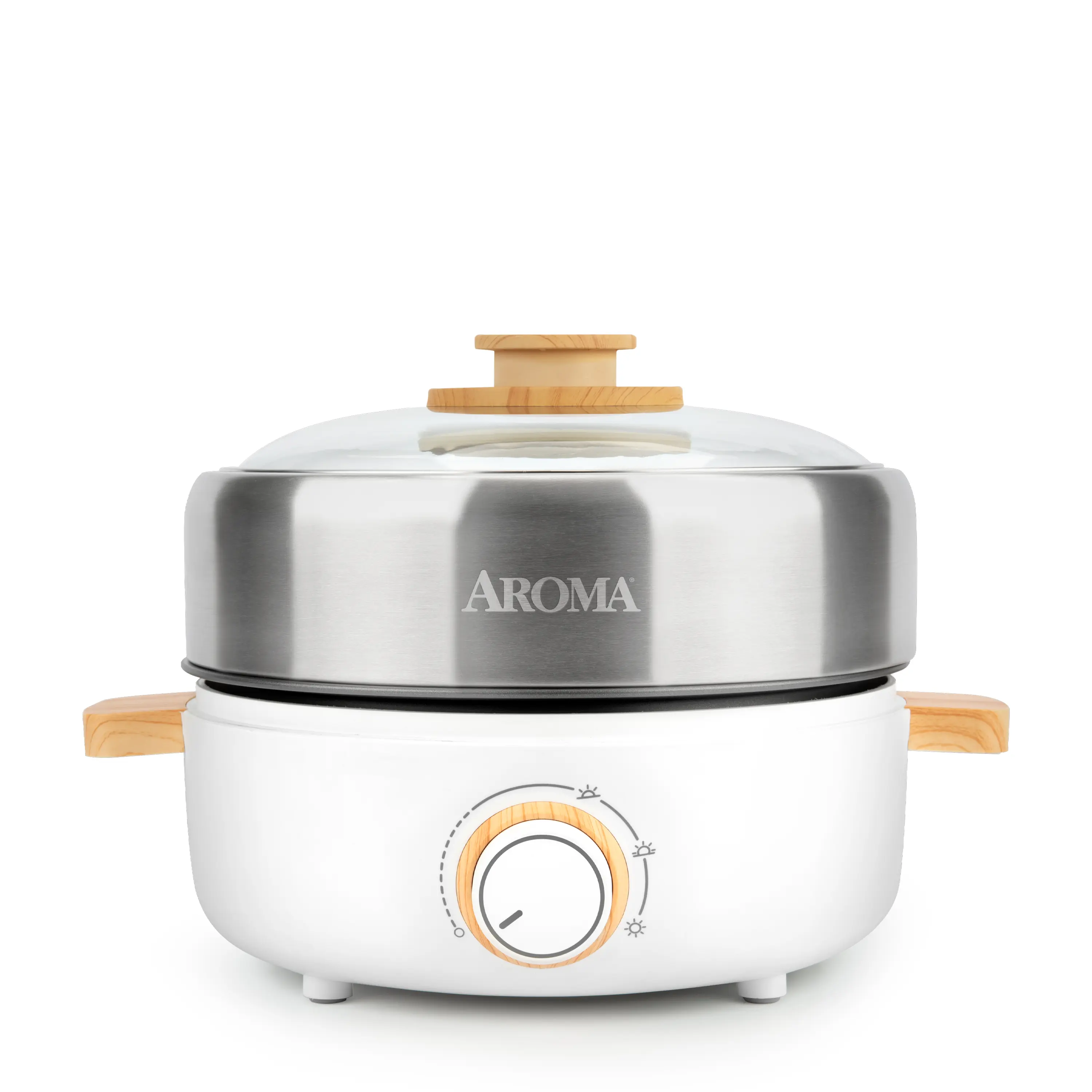 Aroma Whatever Pot, Indoor Grill, Cooking, Hot Pot with Glass Lid, Bamboo Handles, 2.5L, Stainless Steel/White