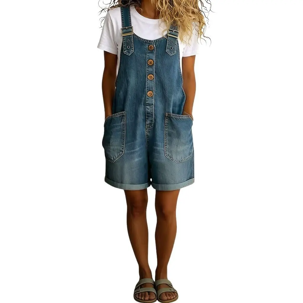 Chouyatou Women’s Bib Denim Short Overalls Y2K Button Front Loose Wide Leg Jean Shortalls One Piece Romper Jumpsuit Chouyatou Women’s Bib Denim Short Overalls Y2K Button Front Loose Wide Leg Jean Shortalls One Piece Romper Jumpsuit