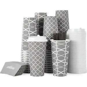 20 oz Disposable Paper Coffee Cups with Lids, Sleeves and Straws-For Hot & Cold Beverages like Water, Coffee or Tea - To-Go Cups Suitable for Office and Travel