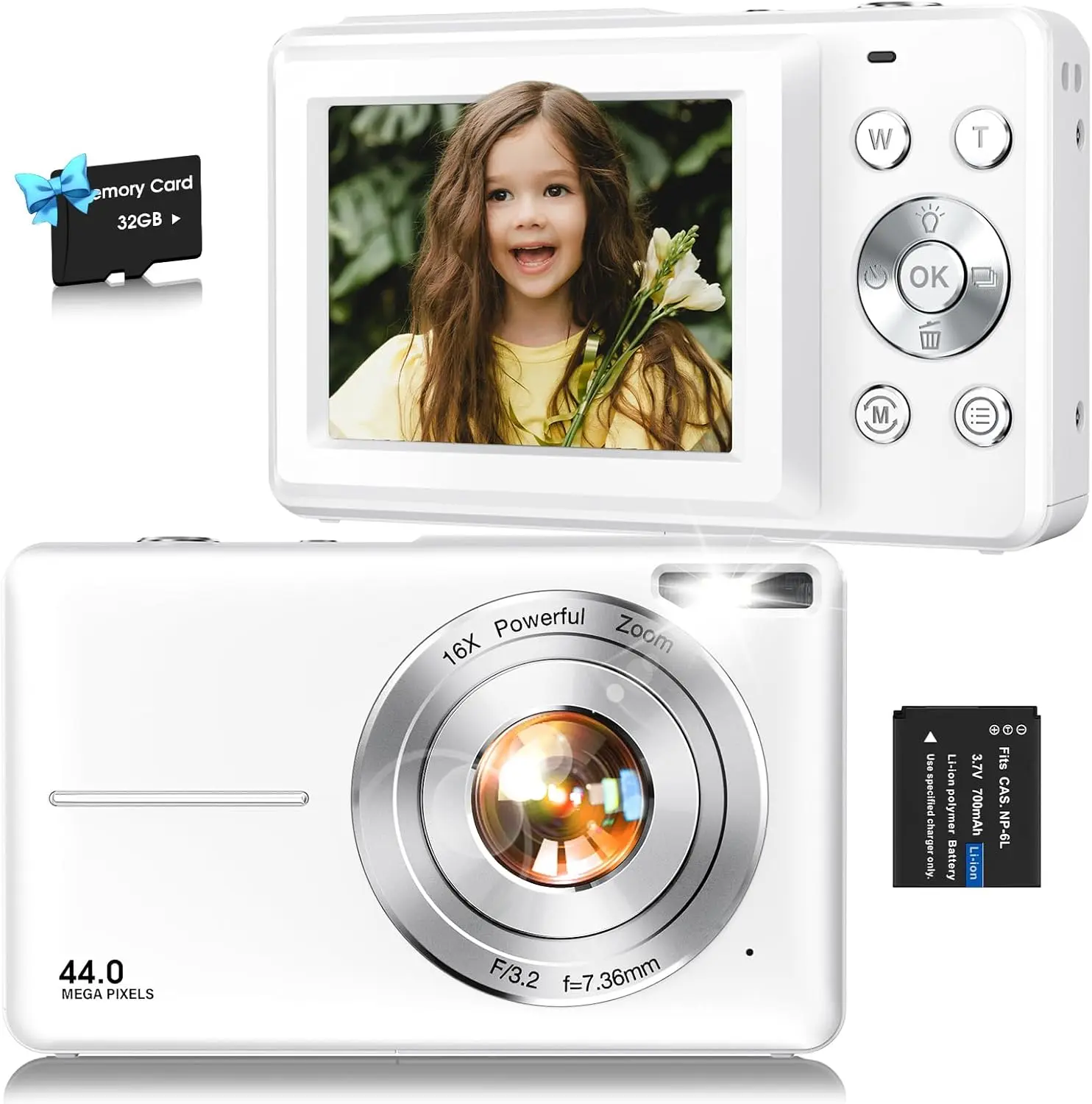 Digital Camera,FHD 1080P  Camera 44MP Point and Shoot Digital Cameras with 32GB Card,16X Zoom,Anti-Shake,Date ,Compact Small Cameras Photography for  Student Teen Girl Boy(White)