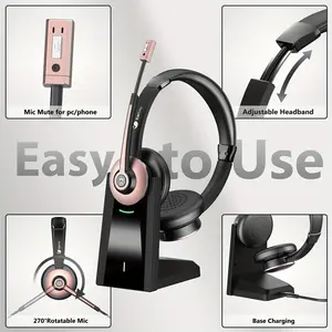 Wireless Headset with Microphone Noise Canceling & USB Dongle, Wireless Headphones with Mic Mute & Charging Dock for PC Computer Cell Phone Remote Work Office Zoom Meetings Call Audio Cable Button Port
