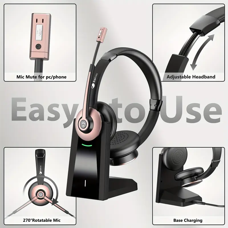 Wireless Headset with Microphone Noise Canceling & USB Dongle, Wireless Headphones with Mic Mute & Charging Dock for PC Computer Cell Phone Remote Work Office Zoom Meetings Call Audio Cable Button Port