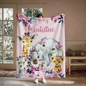 Personalized Baby Animal Flannel Throw Blanket, Giraffe Elephant Zebra Lion Watercolor Florals Custom Name, Soft Cozy Warm, for Couch Bed Nursery, Gift for Her, Birthday Christmas Baby Shower, Aesthetic Keepsake Decor(Message Remarks)