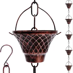 2.6m Long Bell-Shaped Iron Rain Chain, Rust-Resistant Electroplated Garden Decor, Includes Drainage Slot Adapter (copper Color/blue)