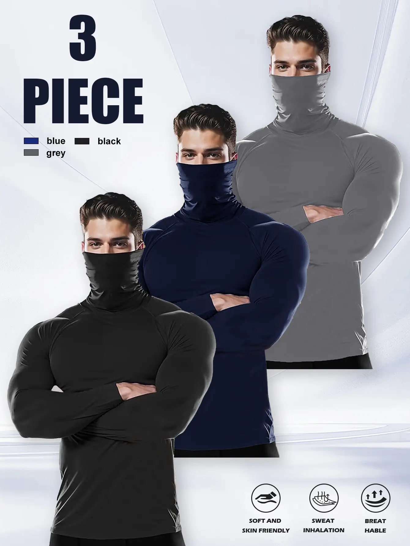 Men's 3-Piece Compression Athletic Set - High-Elastic Lightweight Activewear Clothing with Sun-Protective Face Mask, Twill Compression Shirts, Unisex Fitness/Running Outfit for TikTok Shop Back to School,back to school haul