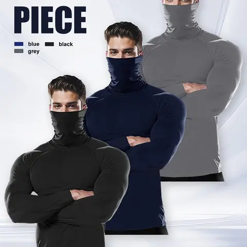 Men's 3-Piece Compression Athletic Activewear Clothing Set - High Elasticity Fit, Sun-Protective Face Mask, Twill Shirt, Ideal for Sunny Training, Fitness, Back to School Haul