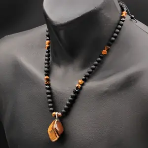 Big Original Tiger Eye Pendant Bead Necklace Men's Black Onyx String Beads Chain-Men's Long Adjustable Protection Necklace Christmas Gift
