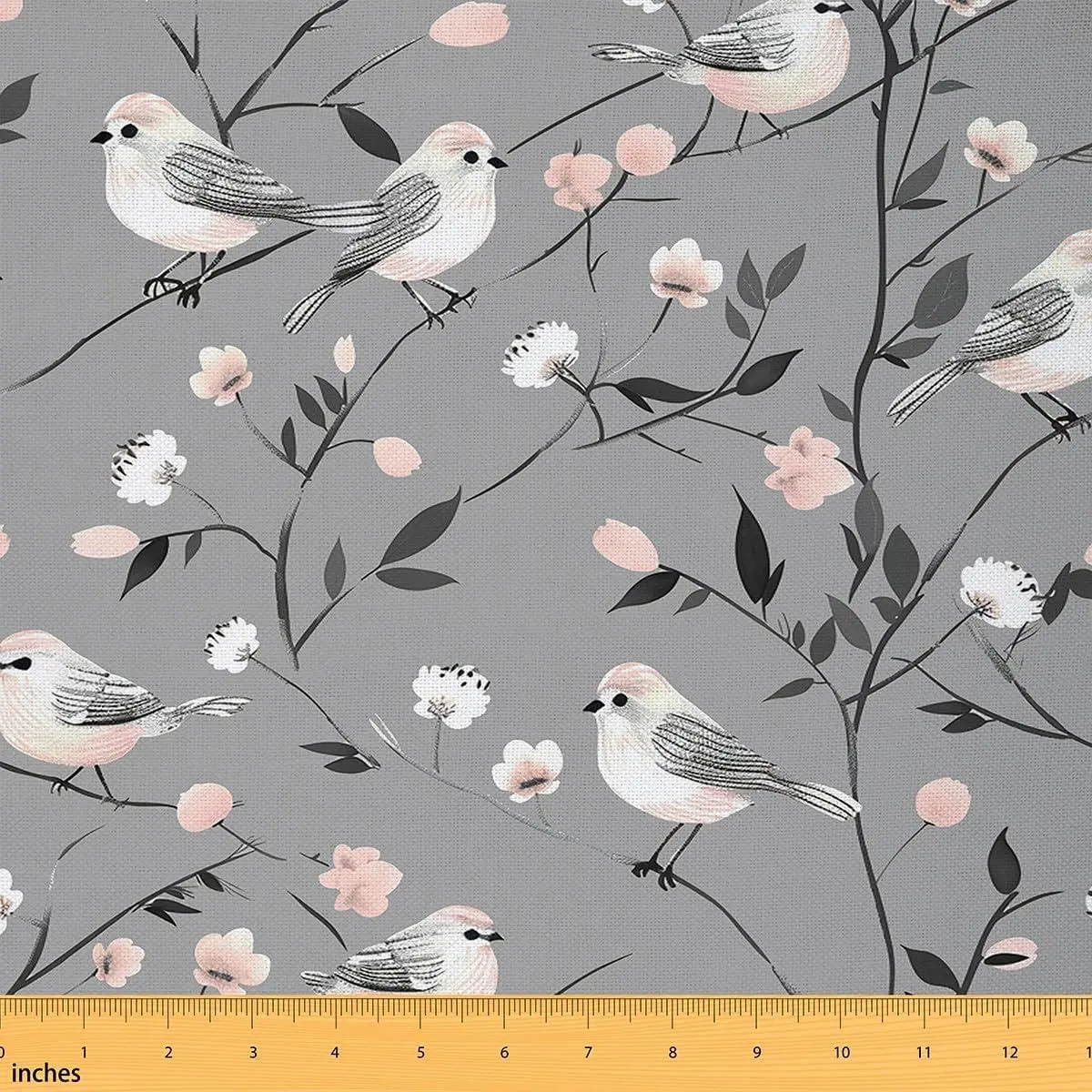 Birds Fabric,Cute Birds Tree Branches Upholstery Fabric Chairs,Farmhouse Nature Leaves Botanical Animal Decorative Waterproof Outdoor Fabric,,Gray Pink