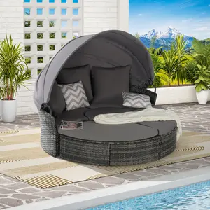 5 Pieces Outdoor Patio Round Daybed Furniture,Wicker Conversation Set with Retractable Canopy, Soft Cushions, and Storable Table for Leisure in Porch Backyard