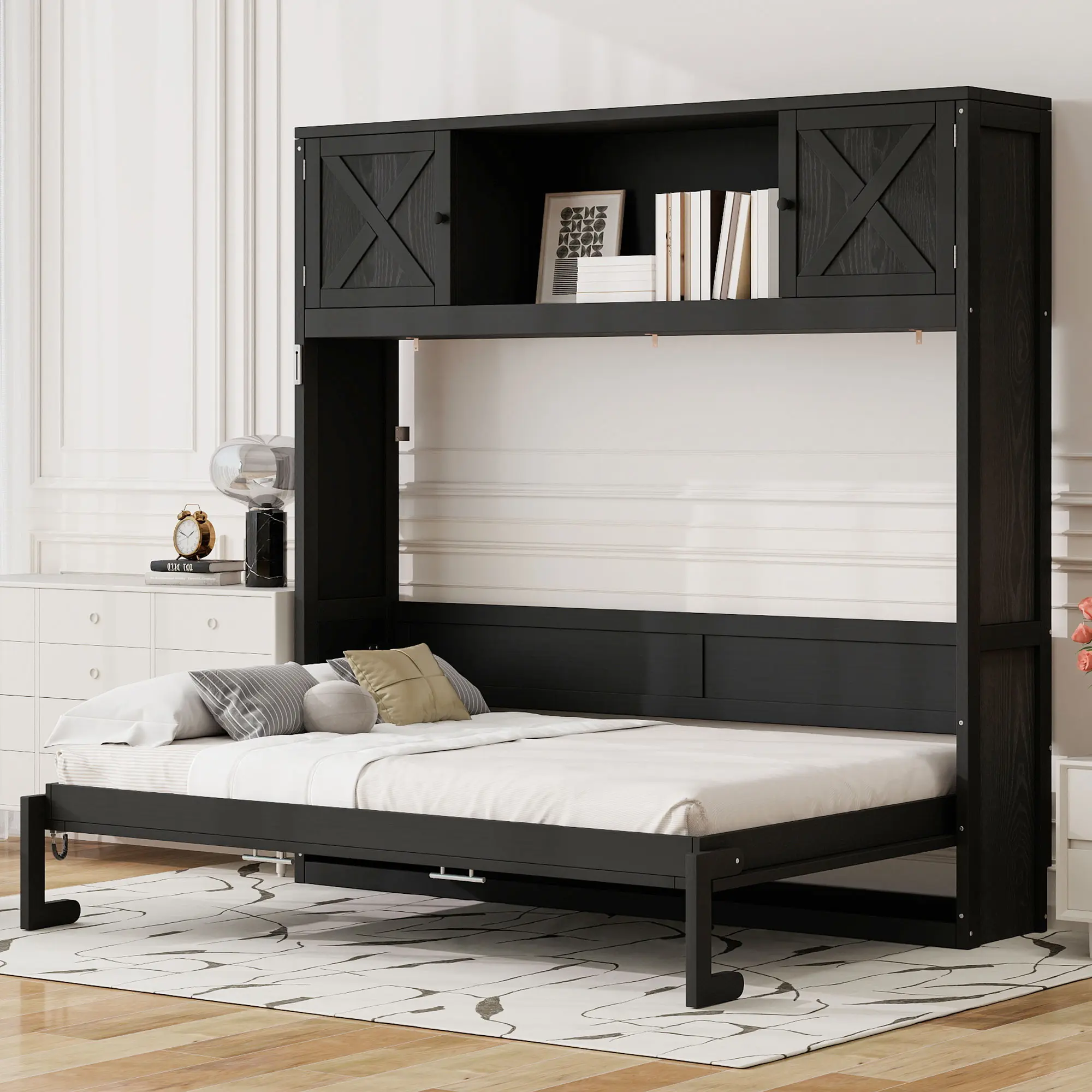Full Size Wall Bed with Cabinet Storage, Solid Wood & MDF, Black Finish, Space-Saving Folding Design, No Box Spring Needed, Rustic X-Accent Style, 60.6W x 83D x 81.9H in