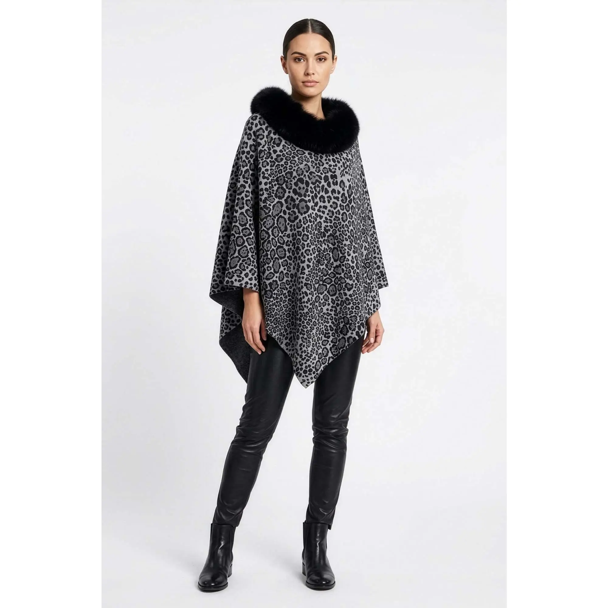 Grey Animal Print Cashmere Poncho with Fox Trim