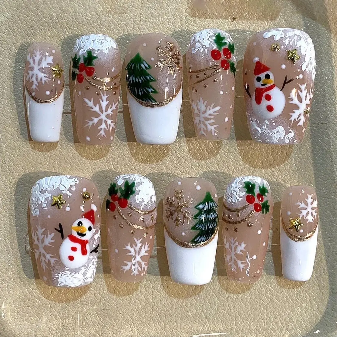 3D Snowman Christmas Press On Nails: Handmade Holiday Nail Set with Snowflakes, Candy Cane & Winter Vibes, Reusable Gel False Nails