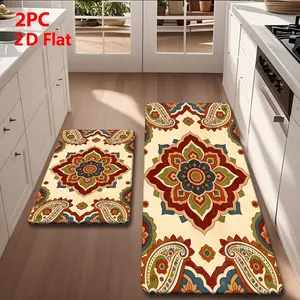 Flannel Kitchen Mat Set, Ethnic Floral Pattern, Non-Slip, Absorbent, Bathroom, Laundry Room, Hallway Rug, Home Decor