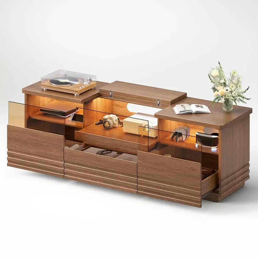 SIKAIC Mid-Century Modern Fluted Walnut Wood TV Stand - Walnut Brown LED Lighting Entertainment Center with Storage Cabinets, Projector Platform for Living Room Watch Party & Collectibles Display