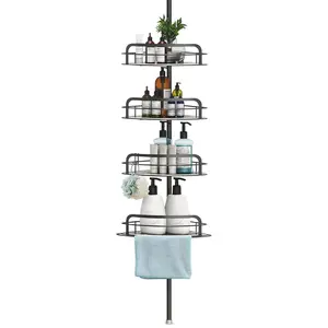Rust-Resistant Corner Shower Caddy For Bathroom 4 Height Adjustable Shelves With Tension Pole Towel Bar Hanging Hook Floor Standing Bath Storage Rack 8.66-116.14IN