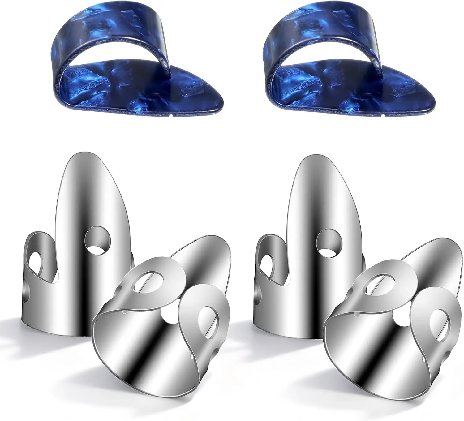 6 Pcs Banjo Finger Picks 4 Stainless Steel Guitar Finger Picks and 2 Plastic Thumb Pick Adjustable Fingers Pick for Acoustic Guitars Banjo Ukulele Harp Bass (Silver Blue)