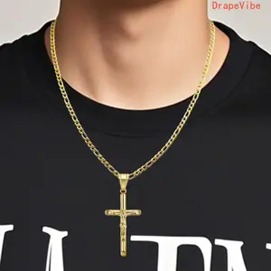 Minimalist Stainless Steel Crucifix Cross Necklace, 3mm 20-Inch Figaro Chain, Christian Faith Prayer Jewelry for Men, Daily Wear (Sports & Outdoor Fan Shop Accessory)