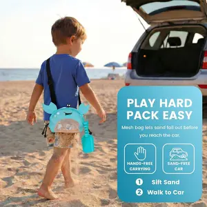 Mesh Baby Beach Bag Shell Collecting Bag with Shovel Crab-Shaped Adjustable Strap for Holding Shell Sea Pool Sand Toy, Blue