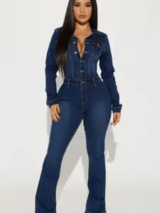 Long Sleeve Denim Jumpsuit - Dark Denim Collar Cotton