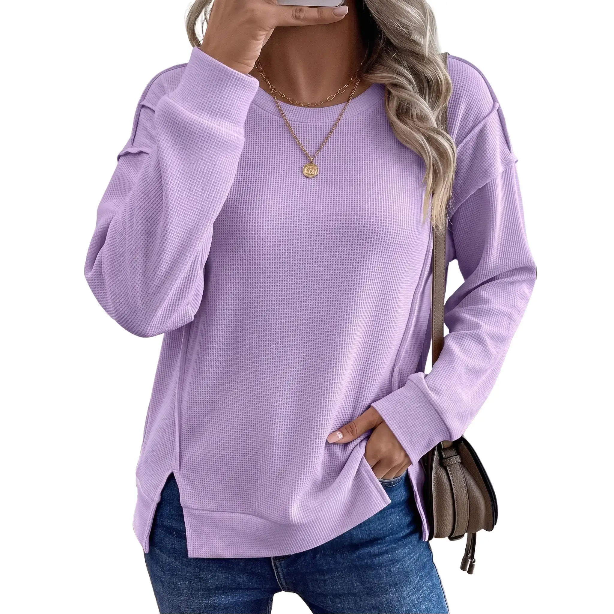 Shewin Women's Oversized Waffle Knit Pullover, Casual Long Sleeve Tunic Top with Exposed Seams and a Slit Hem, Knitting, Oversize Baggy Womenswear