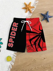 Boys Spider Theme Swim Trunks Colorblock Web Print Elastic Waist Beach Shorts Comfortable Clothing for Vacation Casual Wear Swim Board Shorts