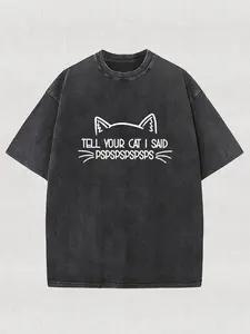 A T-Shirt Made from Washed Featuring a Cat PSPS Command Print, This High-Quality Batik Shirt Embodies Retro Fashion. It'S a Popular Choice for Women'S Everyday Wear, Making It an, Easter, Music Festival, Mother's Day Gifts