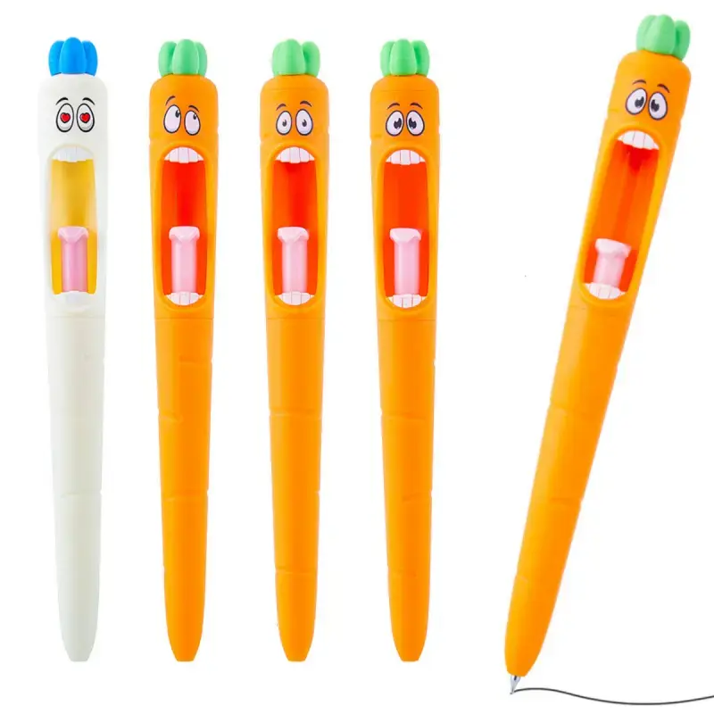 4-Piece Cartoonish Funny Shape Carrot Ballpoint Pens with Refills, Ergonomic Comfortable Grip, Black Ink Office Stationery for Students (All Seasons Use), 4 Pieces