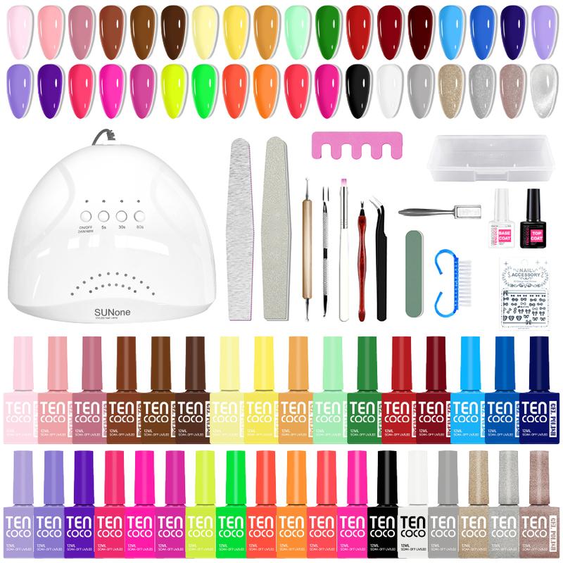Tencoco 51 Pcs Gel Nail Polish Kit 35 Colors with Crystal Cat Eye Nail Art Tools Set UV Light Translucent Glossy Formula Perfect Gift for Women